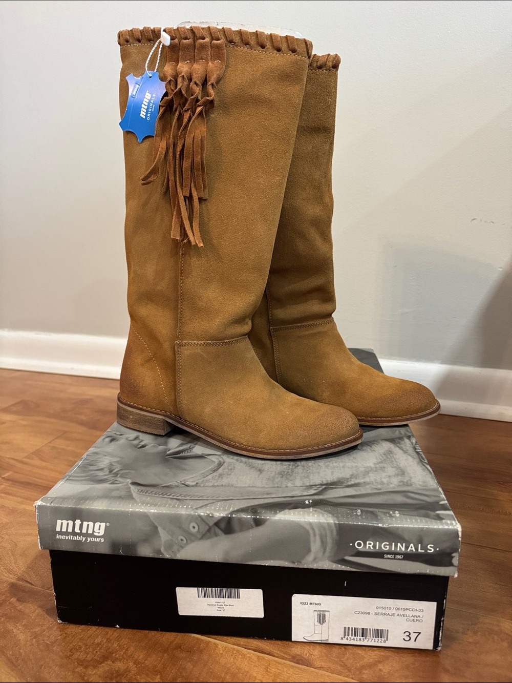 MTNG Tan Suede Knee-High Fringe Boots